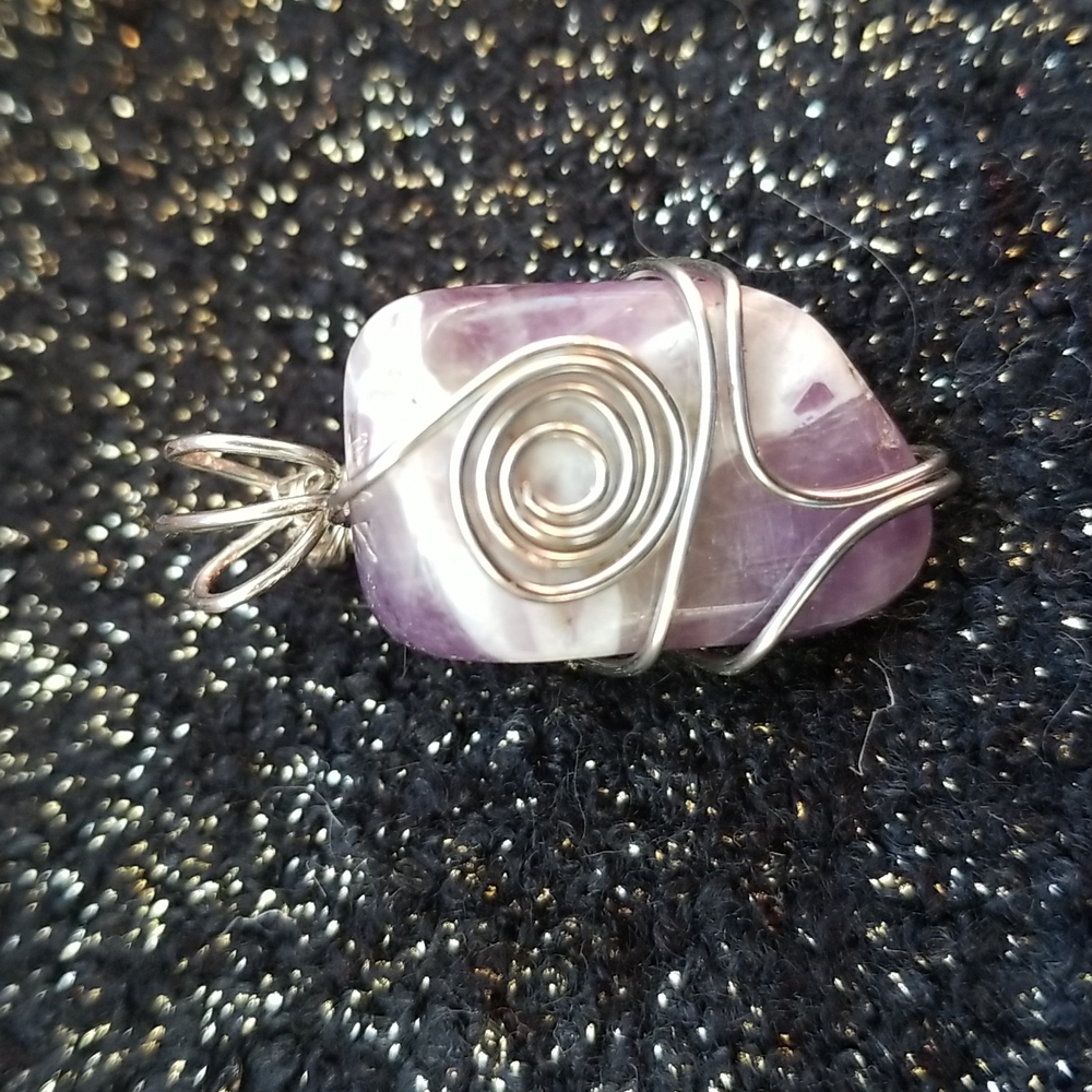 Amethyst silver color coated copper wire wrapped necklace